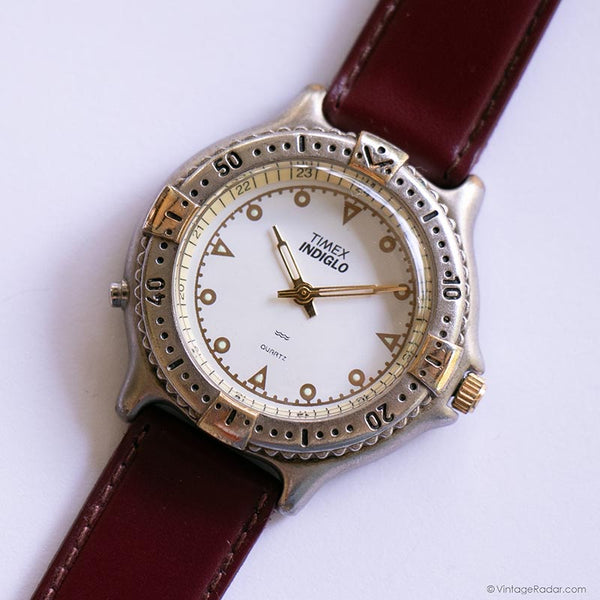 Vintage Timex Indiglo Quartz Watch with Burgundy Brown Strap Unisex