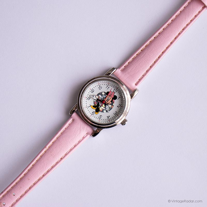 Vintage Minnie Mouse Disney Watch with Glittery Dial & Pale Pink Strap ...
