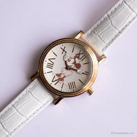 Vintage elegante Minnie Mouse reloj para mujeres con correa de cuero blanco