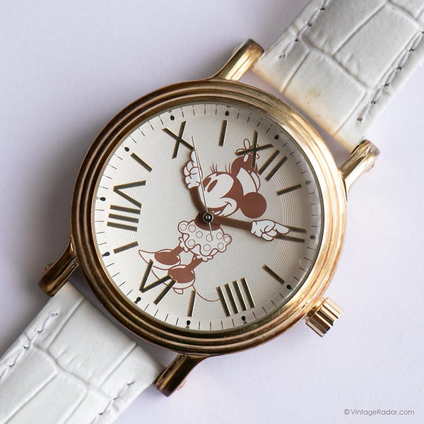 Elegant Vintage Minnie Mouse Watch for Women with White Leather Strap
