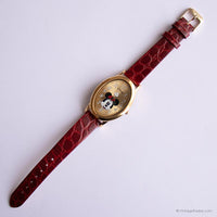 Óvalo de tono de oro vintage Minnie Mouse Señoras reloj con correa roja