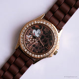 Estampado de animales dorado de rosa Minnie Mouse reloj con vintage de correa marrón