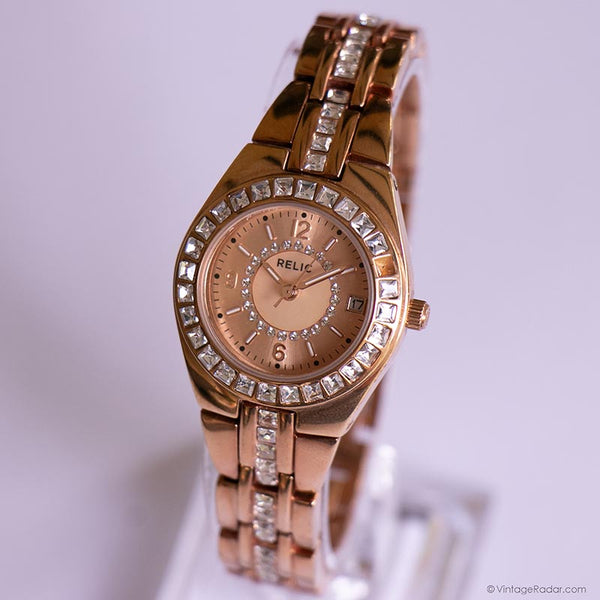 Vintage Rose-Gold Relic Dress Watch for Ladies with White Gemstones