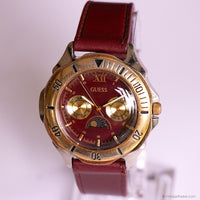 Vintage Gold-tone Guess Moonphase Watch with Burgundy Dial & Strap