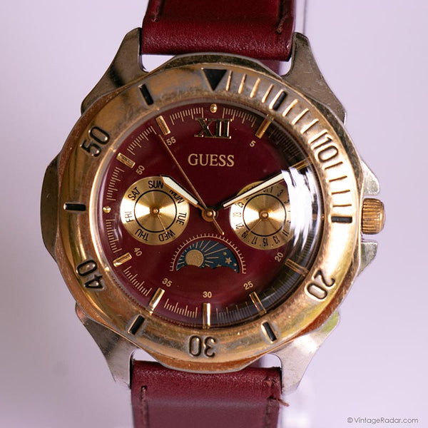 Vintage Gold-tone Guess Moonphase Watch with Burgundy Dial & Strap