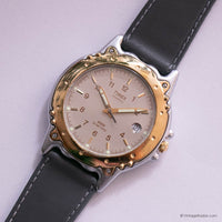 Vintage Gold-tone Timex Quartz Watch for Men with Gray Leather Strap