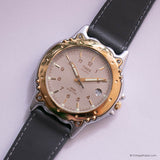 Vintage Gold-tone Timex Quartz Watch for Men with Gray Leather Strap
