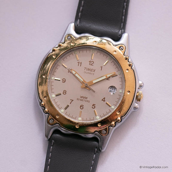 Vintage Gold-tone Timex Quartz Watch for Men with Gray Leather Strap