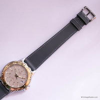 Vintage Gold-tone Timex Quartz Watch for Men with Gray Leather Strap