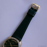 Vintage Black-Dial Waltham Day Date Watch for Gents Navy Leather Strap