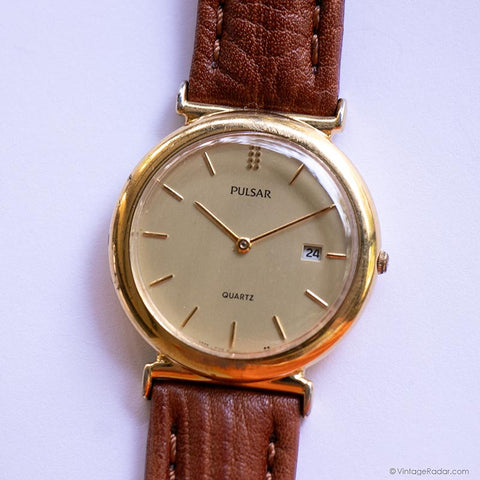 Tono de oro vintage elegante Pulsar reloj para hombres con dial de champán