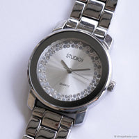 Vintage Silver-tone Studio Dress Watch for Women with White Gemstones