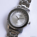 Vintage Silver-tone Studio Dress Watch for Women with White Gemstones