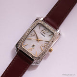 Vintage Fossil Tank Watch with White Gemstones & Burgundy Strap
