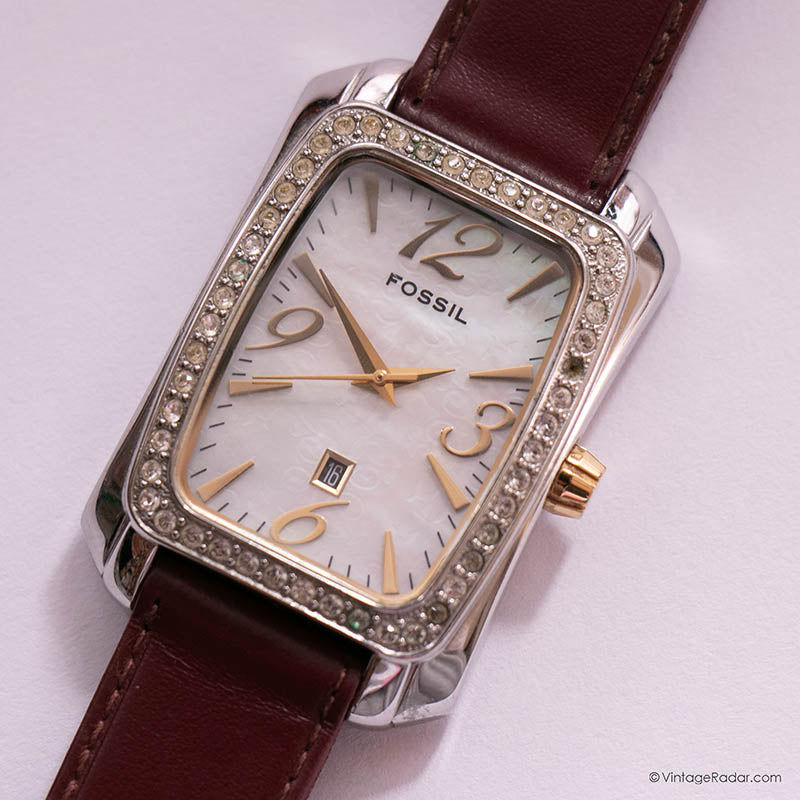 Vintage Fossil Gold and Burgundy Leather Timepiece Vintage Rectangular Fossil F2 Date Watch with Burgundy  main image 3