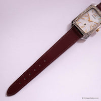 Vintage Fossil Tank Watch with White Gemstones & Burgundy Strap