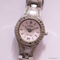 Vintage Elegant Fossil Date Watch for Women with White Gemstones
