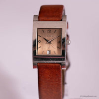 Vintage Silver-tone Fossil Tank Women's Watch with Brown Leather Strap