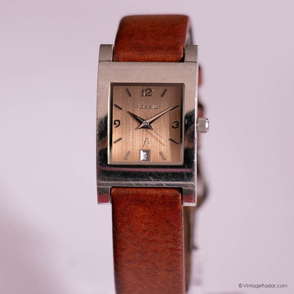 Vintage Silver-tone Fossil Tank Women's Watch with Brown Leather Strap