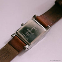Vintage Silver-tone Fossil Tank Women's Watch with Brown Leather Strap