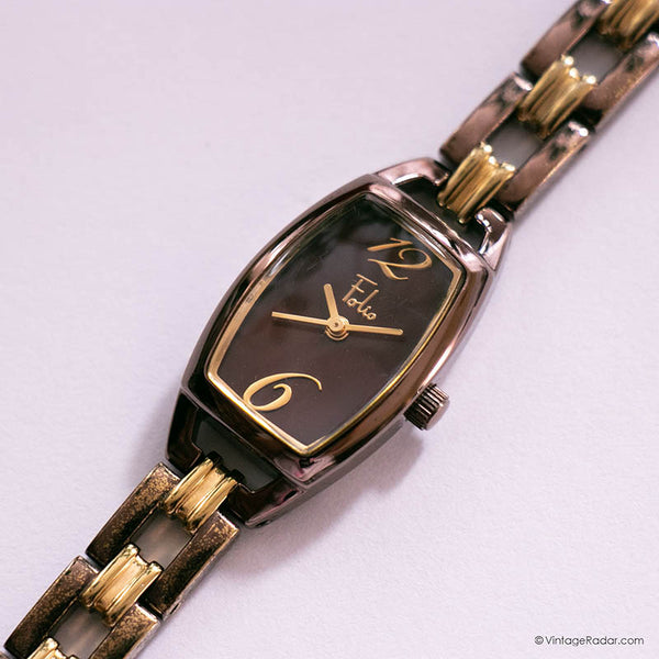 Tiny Vintage Rectangular Brown Folio Watch for Women with Gold Tones