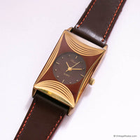 Vintage Gold-tone Premia Rectangular Quartz Watch with Burgundy Strap