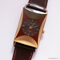 Vintage Gold-tone Premia Rectangular Quartz Watch with Burgundy Strap