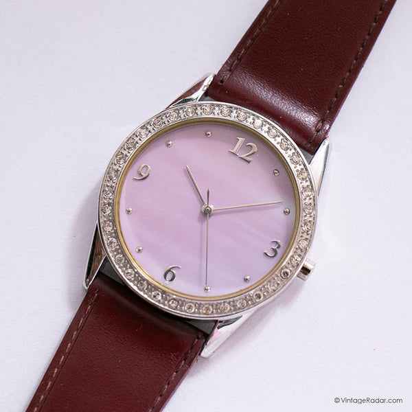 Vintage Mother-of-Pearl Dial Watch for Women with Burgundy Strap