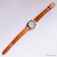 Tiny Vintage Quartz Watch for Ladies with Brown Leather Strap