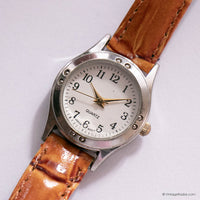 Tiny Vintage Quartz Watch for Ladies with Brown Leather Strap
