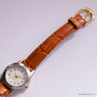 Tiny Vintage Quartz Watch for Ladies with Brown Leather Strap