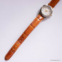 Tiny Vintage Quartz Watch for Ladies with Brown Leather Strap