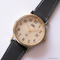 Vintage Gold-tone Timex Watch for Men with Champagne Dial & Gray Strap