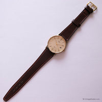 Vintage Gold-tone Timex Date Watch for Men with Brown Leather Strap