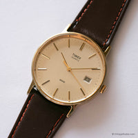 Vintage Gold-tone Timex Date Watch for Men with Brown Leather Strap