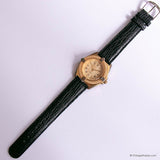 Vintage Gold-tone Watch for Women with Wooden Bezel & Black Strap