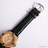 Vintage Gold-tone Watch for Women with Wooden Bezel & Black Strap