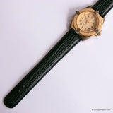 Vintage Gold-tone Watch for Women with Wooden Bezel & Black Strap