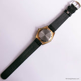 Vintage Gold-tone Watch for Women with Wooden Bezel & Black Strap