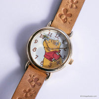 Vintage Gold-tone Winnie the Pooh and Bees Watch with Brown Strap