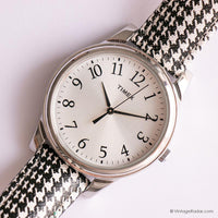 Vintage Silver-tone Timex Watch with Houndstooth Pattern Strap