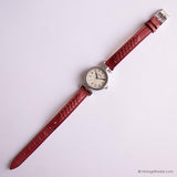 Tiny Vintage Silver-tone Timex Watch for Ladies with Dark Red Strap