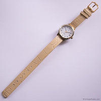 Vintage Silver-tone Timex Indiglo Date Quartz Watch with Beige Strap