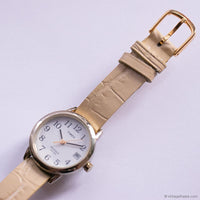 Vintage Silver-tone Timex Indiglo Date Quartz Watch with Beige Strap