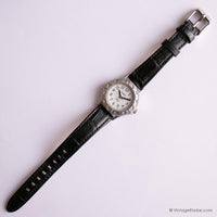 Classic Vintage Timex Quartz Watch for Women with Black Leather Strap