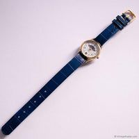 Vintage Gold-tone Moonphase Timex Watch for Women Blue Leather Strap