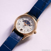 Vintage Gold-tone Moonphase Timex Watch for Women Blue Leather Strap