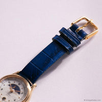 Vintage Gold-tone Moonphase Timex Watch for Women Blue Leather Strap