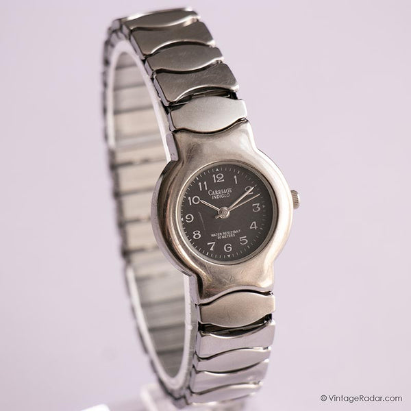 Vintage -Kutsche Indiglo Uhr für sie | Schwarz-Dial-Silber-Ton Uhr