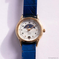 Vintage Gold-tone Moonphase Timex Watch for Women Blue Leather Strap